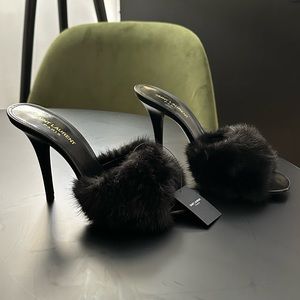 Saint Laurent LA 16 Heeled Mules in Black Mink